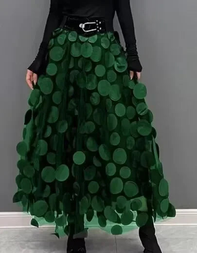 S-3XL Retro Goth 3D Design Polka Dot Tulle Mesh Skirts Womens Spring Summer High Waist Elastic Midi Long Tutu Skirts Female no belt 1