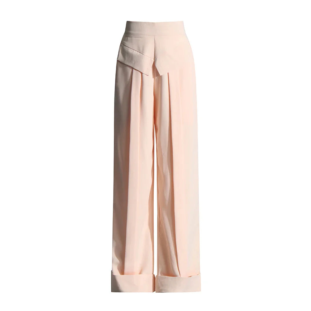 Solid Minimalist Pants For Women High Waist Patchwork Folds Temperament Elegant Wide Leg Pant Female Fashion Cloth