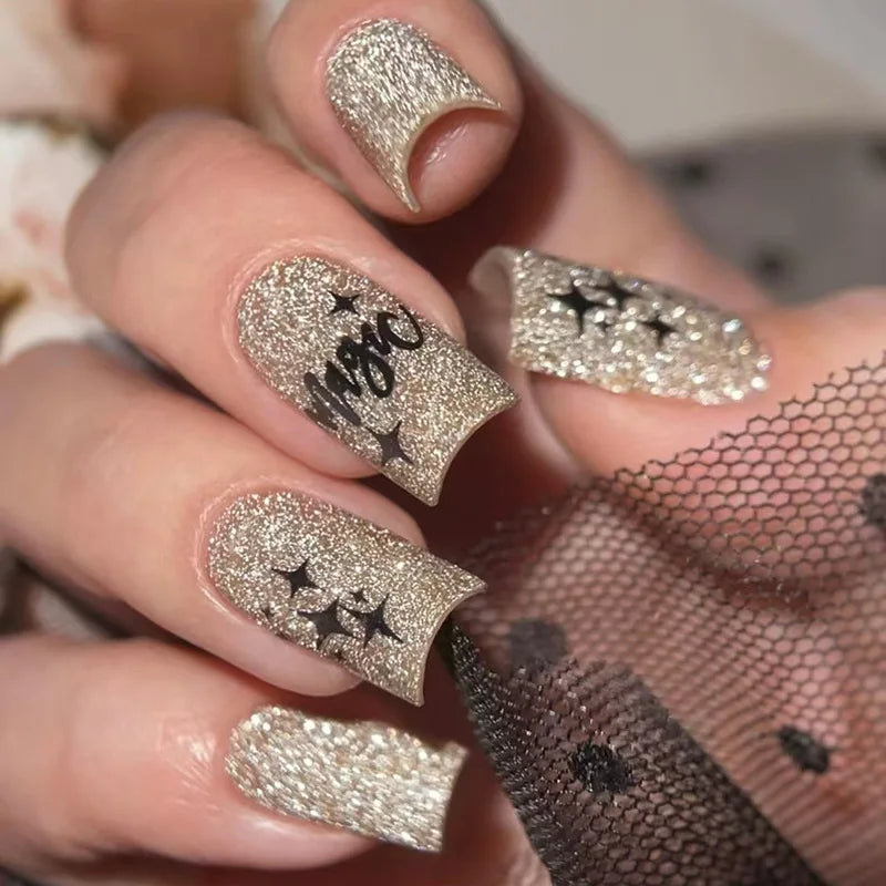 24pcs/set short medium fake nails shinny sparkling glitter square ballet nail tips starry star cat eyes press on false nail art