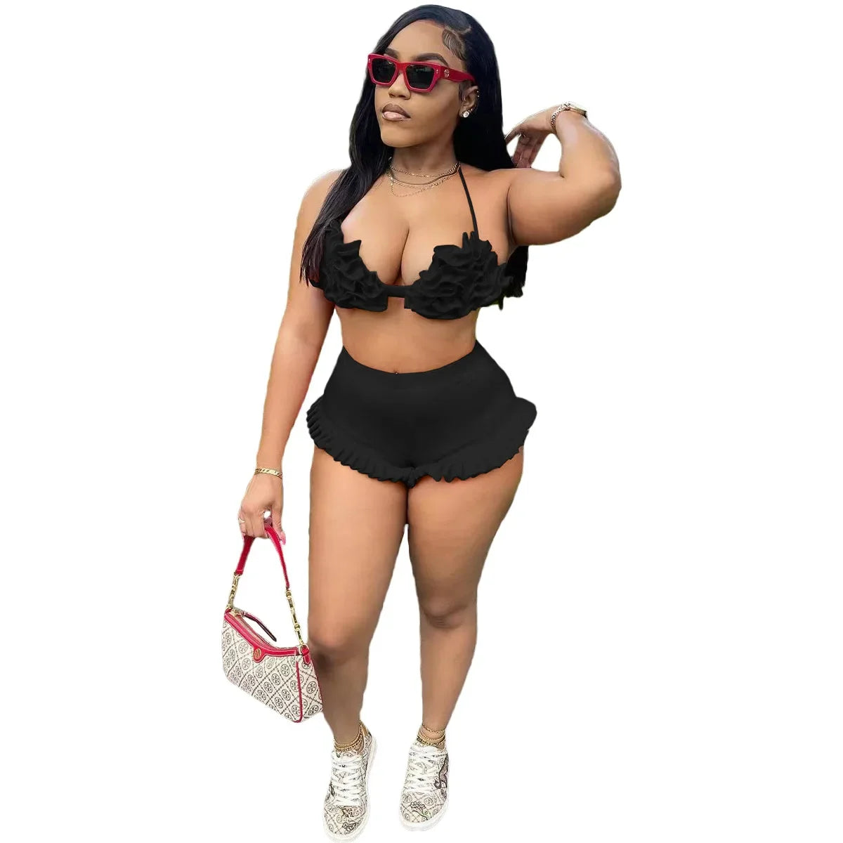 CM.YAYA Women's Set Ruffles Crop Top Bra and Shorts Bikini Set Streetwear Casual Two 2 Piece Outfits Summer 2024 Beach Holiday
