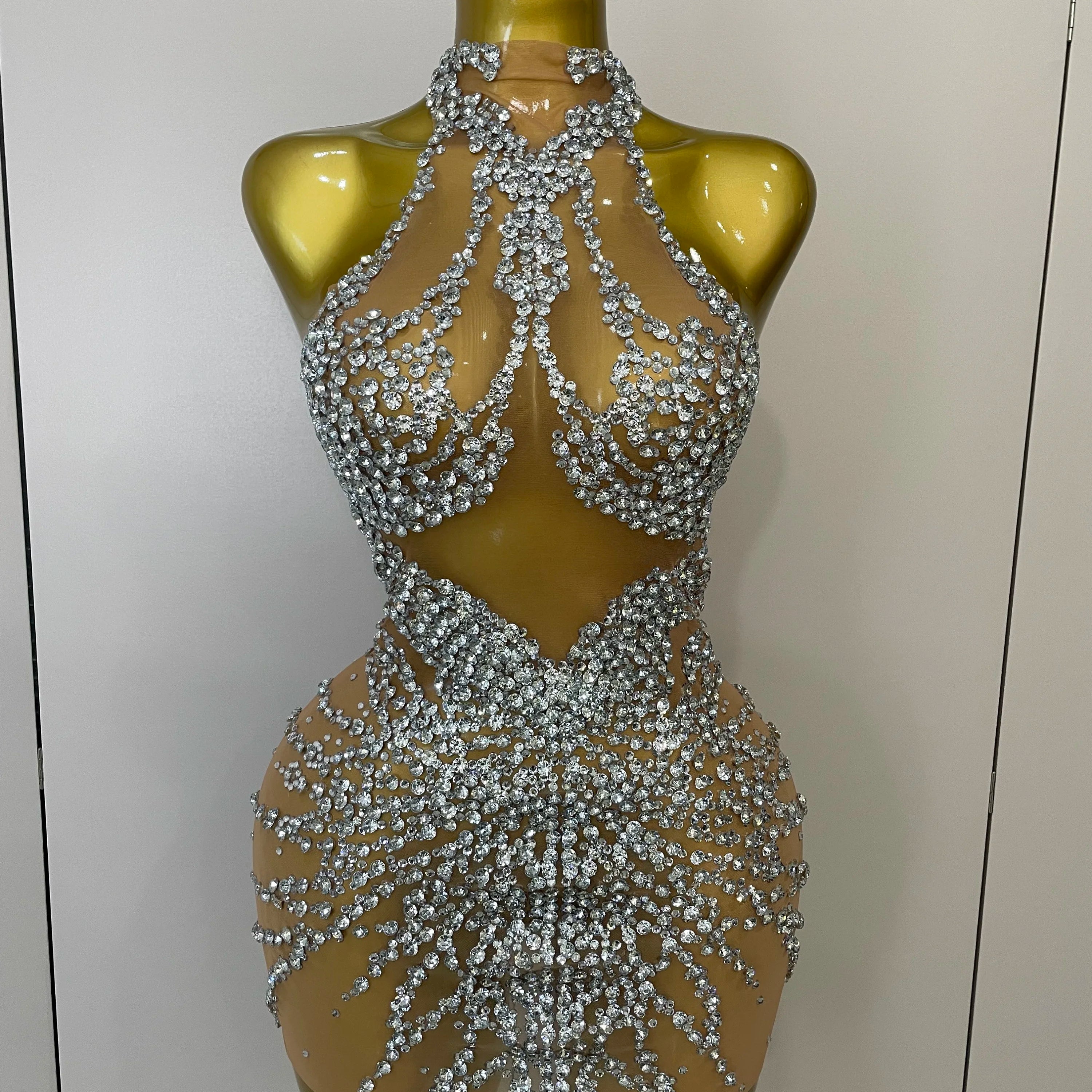 STOCK Sparkly Rhinestones Sexy Mesh See Through Dress Party Evening Prom Celebrate Birthday Dress Singer Dancer Show Stage Wear