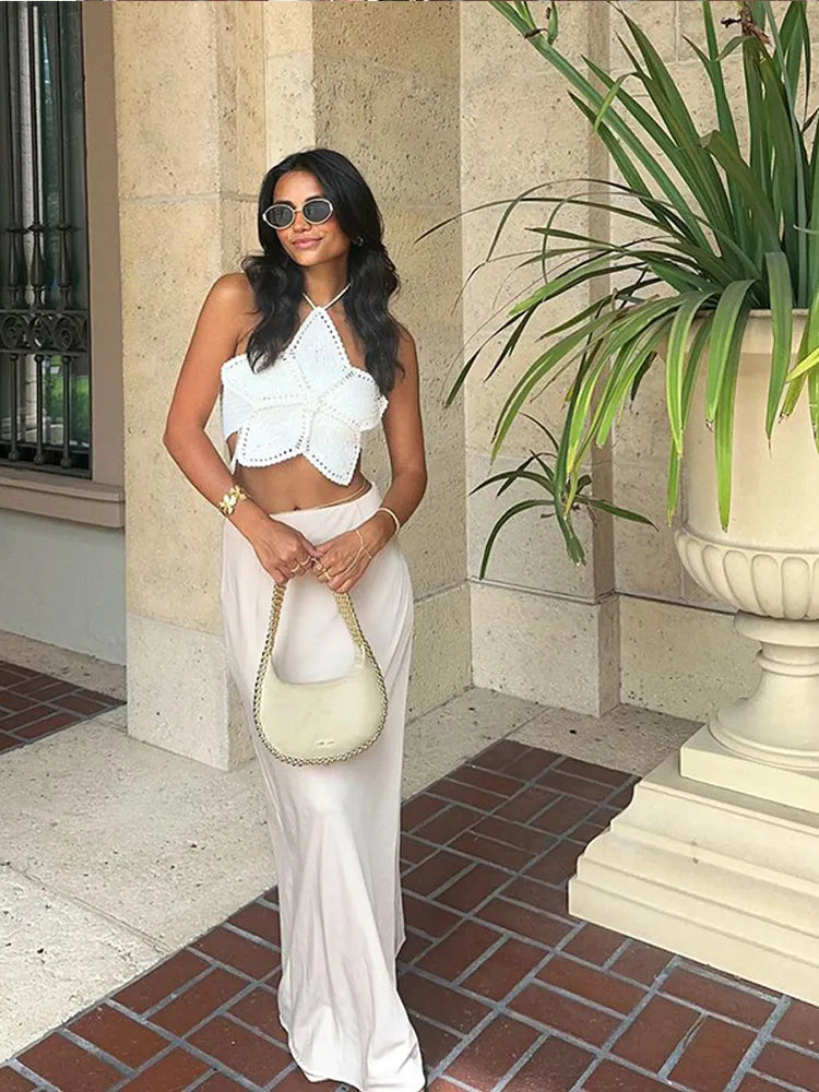 Knitted 3d Flower Women Halter Vest Sexy Hollow Out Backless Female Crop Top Summer Sleeveless Lace Up Holiday Lady Beachwear