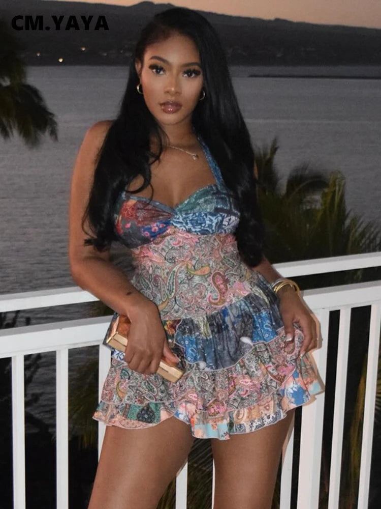 CM.YAYA Women Halter Sleeveless Strapless Ruffles tiered Mini Dress 2025 Summer Holiday Sexy Beach Party Birthday Street Dresses