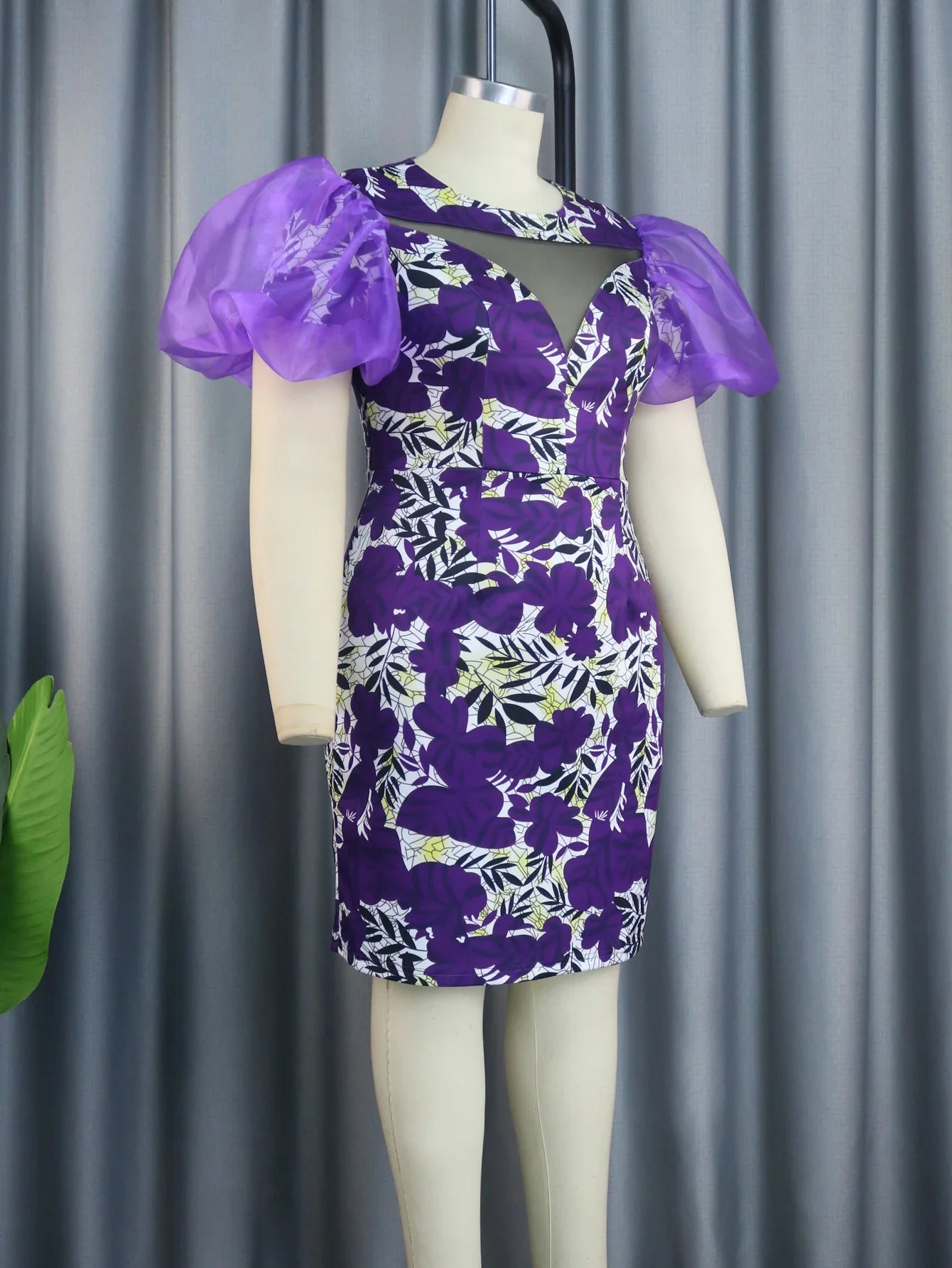 Purple Printed Dresses O Neck Tulle Patchwork Short Puff Sleeve Floral High Waist Bodycon Birthday Evening Event Party Gowns