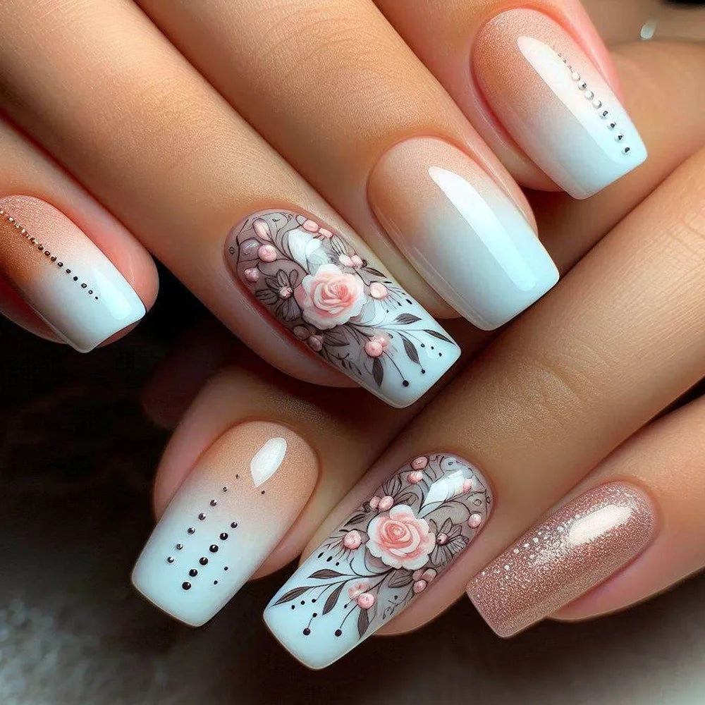 24 peças de unhas postiças de pressão com glitter verde, unhas postiças quadradas francesas, cobertura total, design natural, unhas de manicure vestíveis