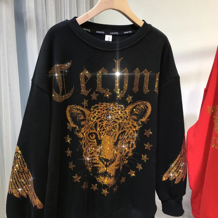 Plus Size Women Clothing Rhinestones Zip Up Hoodies & Sweatshirt Women Men Winter Autumn Luxury Brand Hoodie Woman Blouse Sweatshirt-Black