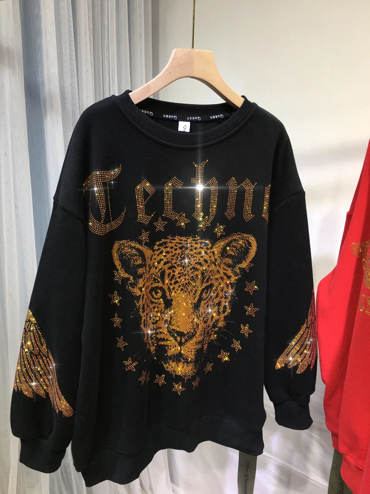 Plus Size Women Clothing Rhinestones Zip Up Hoodies & Sweatshirt Women Men Winter Autumn Luxury Brand Hoodie Woman Blouse Sweatshirt-Black