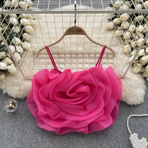 Chic Vintage Backless Corset Bustier Floral Pleated Tank Top Korean Fashion Summer Beach Women Sling Crop Top Rose Red One Size