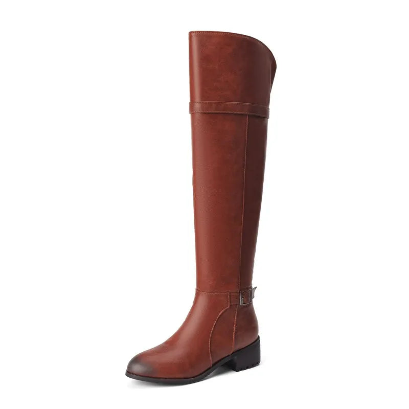 SIMLOVEYO Women Thigh Boots 48cm Round Toe Chunky Heels 4cm Belt Buckles Size 46 47 48 Leisure Ridding Booty