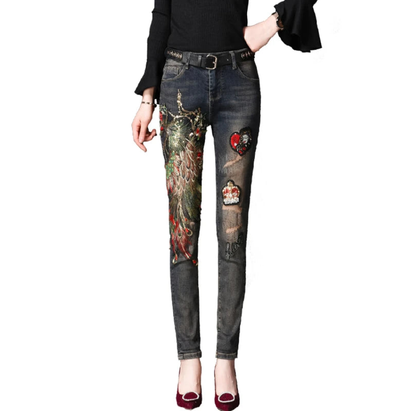 Spring Jeans Women Autumn Winter Ins Fashion Female Embroidery Sequins Phoenix Holes Slim Denim Pants Girls Ladies Clothes