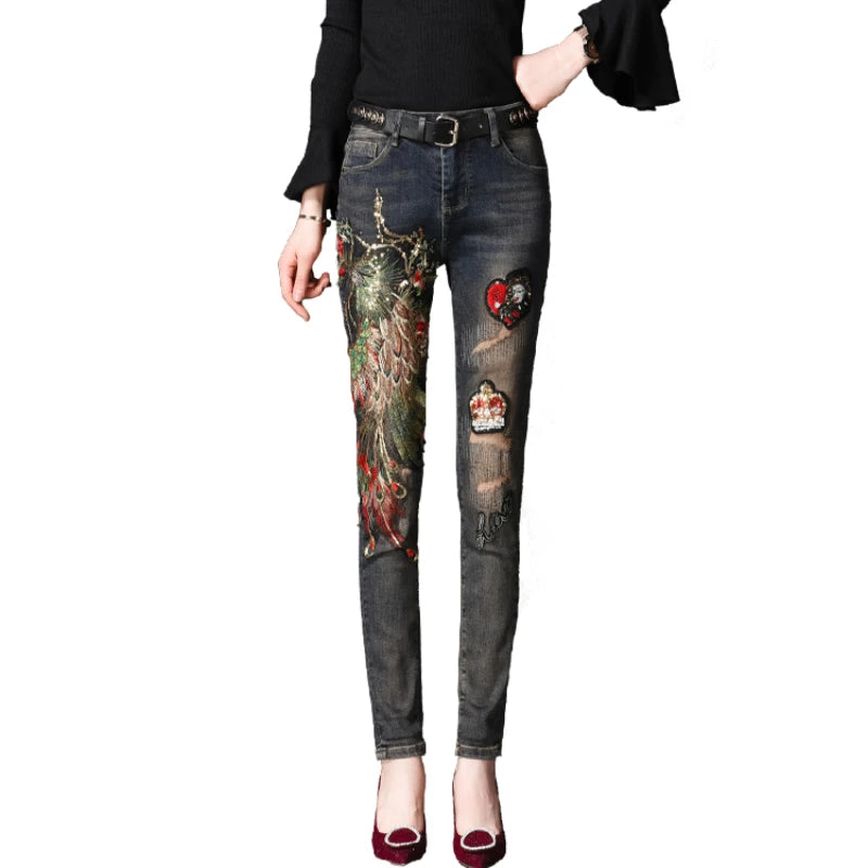 Spring Jeans Women Autumn Winter Ins Fashion Female Embroidery Sequins Phoenix Holes Slim Denim Pants Girls Ladies Clothes