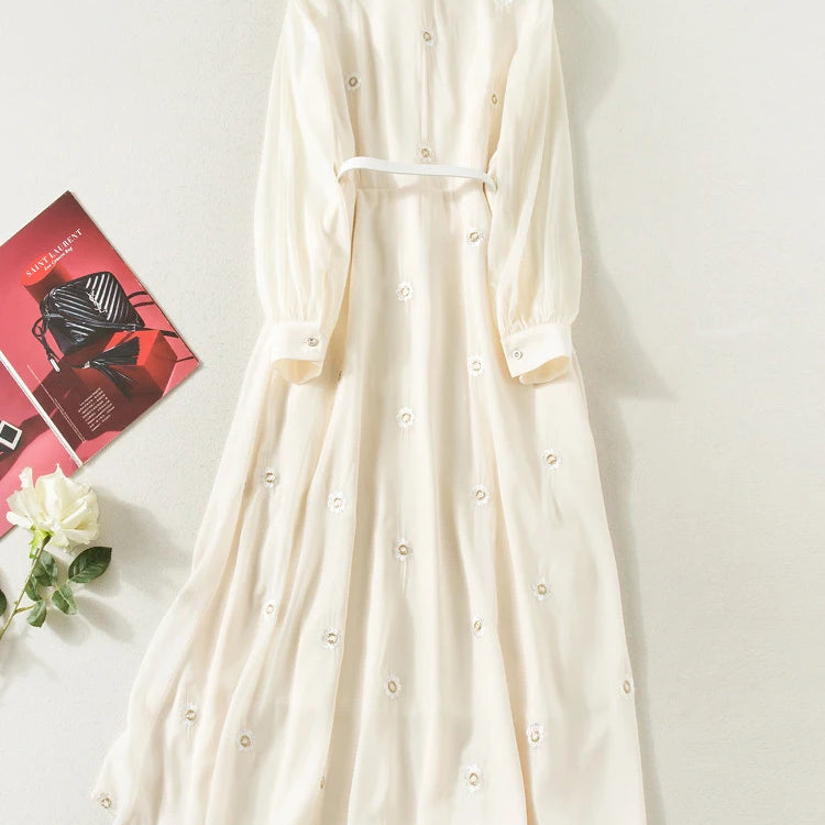 Spring Runway Embroidery Dress Women Elegant Long Sleeve Spring Midi Dress Single Breasted Party Holiday Vestidos