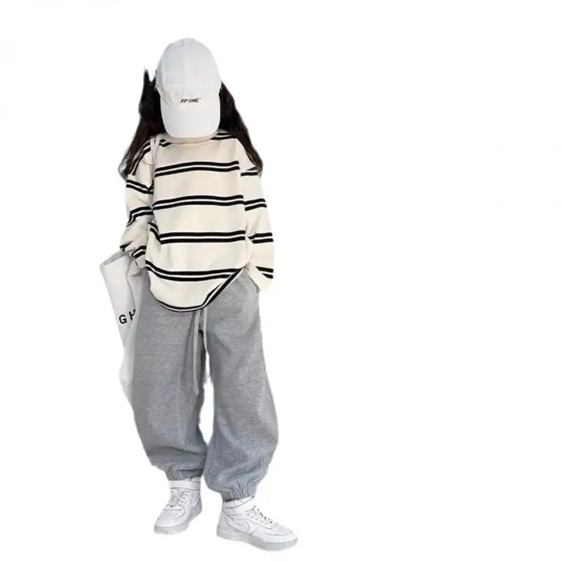 Korea Style Simple Kids Clothes Girl 2Pcs Set Clothing Long Sleeve Striped+Loose Pant Outfits for Teen Girl 6 8 10 12 14Y