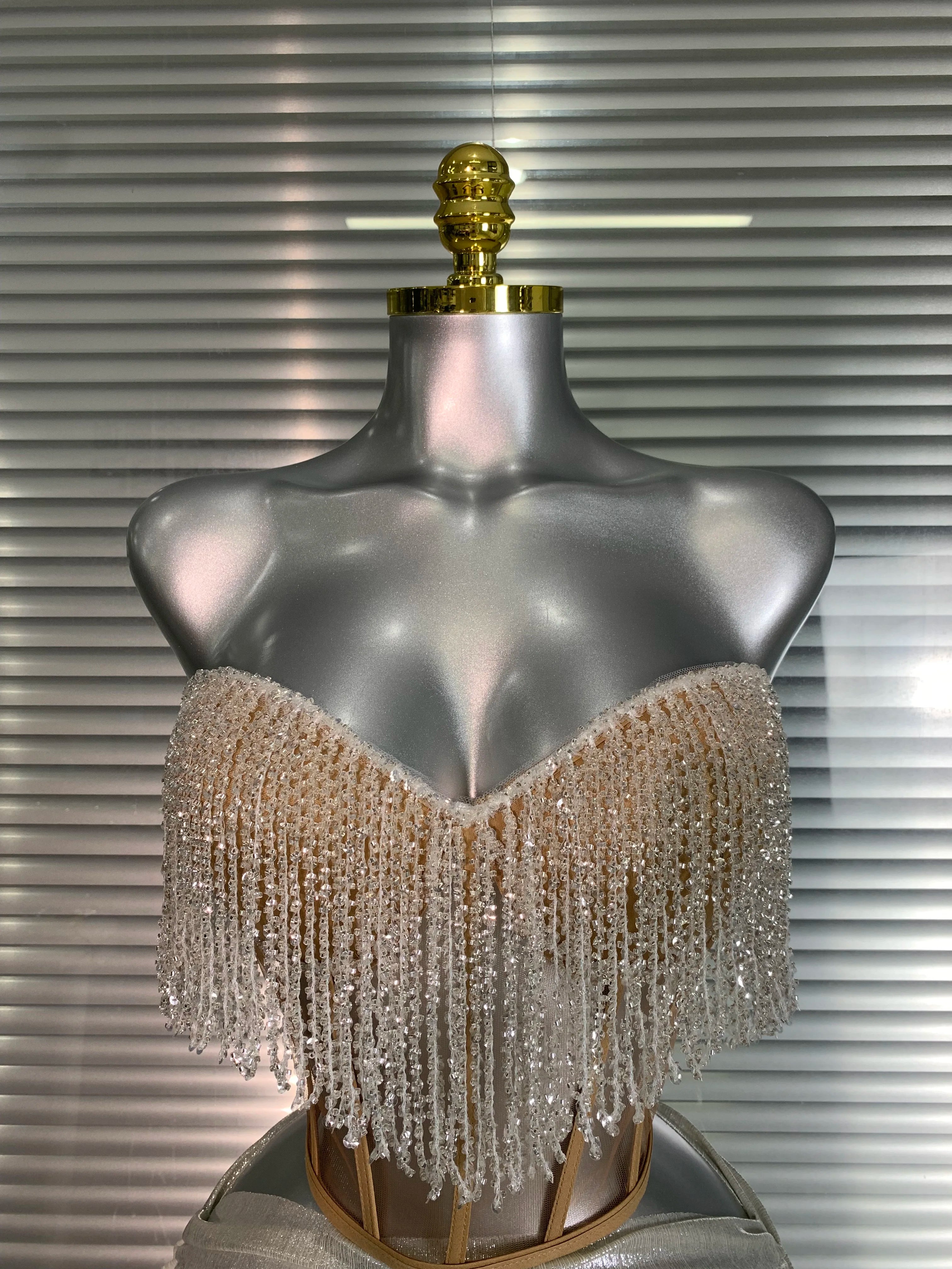 New Women Sexy Tassel Two Pieces Set Sparkly Night Club Skirt Suits Singer Dancer Stage Performance Costume