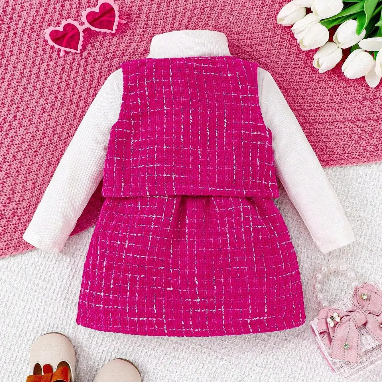 3-piece Autumn/Winter Baby Girl Cute and Sweet Western-Style White Long-Sleeved Rose Red Vest and Skirt Warm Comfort Suit