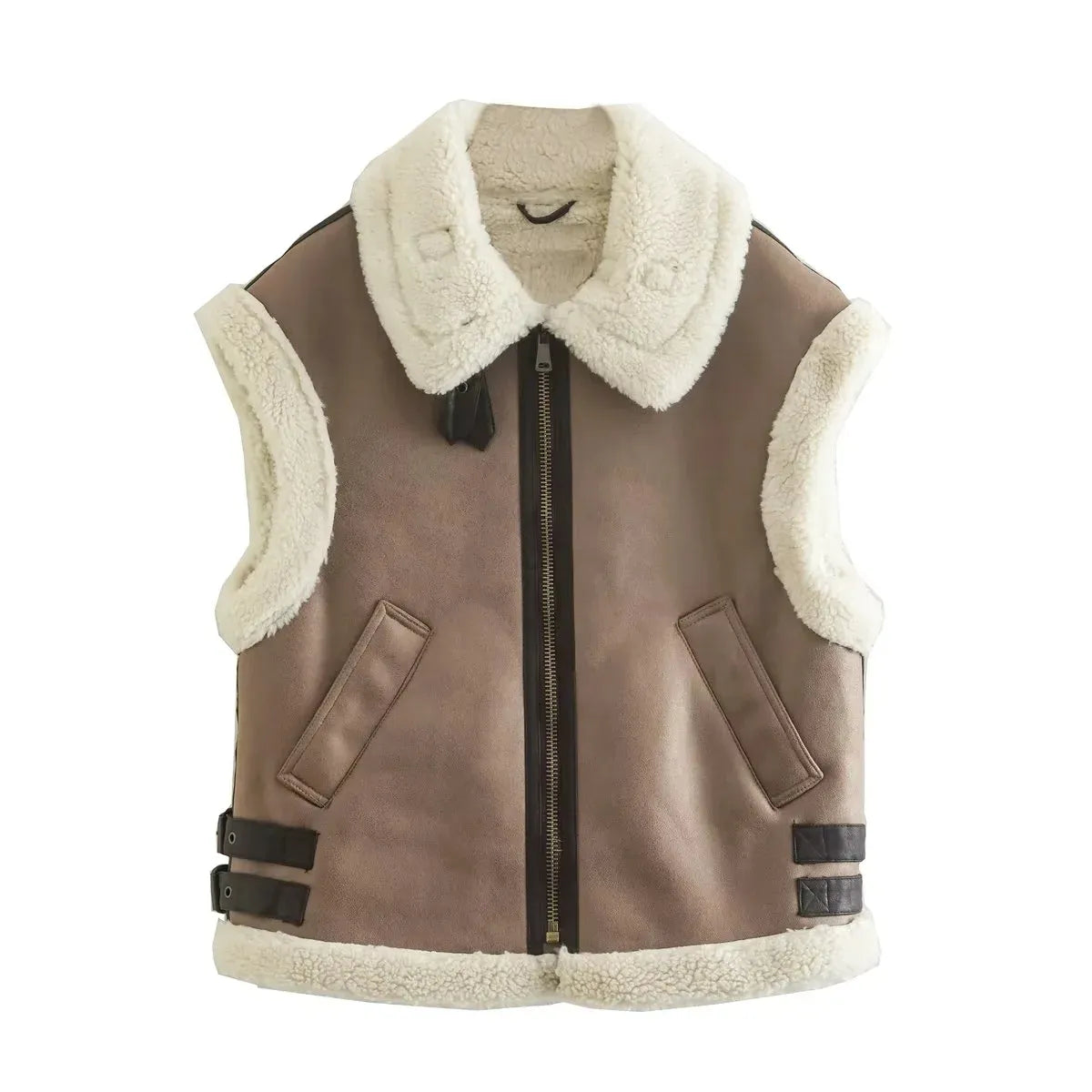 TRAFZA Winter Fur Vest Women Faux Sheepskin Fur Waistcoat Chic Lady Faux Leather Fleece Warm Vest Woman Sleeveless Jacket brown