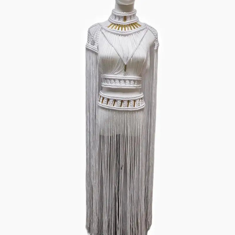 Tassel Hand Crochet Knitted Women Bikini Cover Ups 2023 Summer Holiday Beach Bathing Suit Sexy Hollow Out Skirts Matching Set A04white One Size