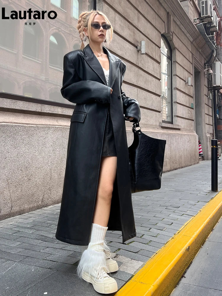 Spring Autumn Extra Long Black Loose Pu Leather Trench Coat for Women Shoulder Pads Double Breasted Faux Leather Blazer