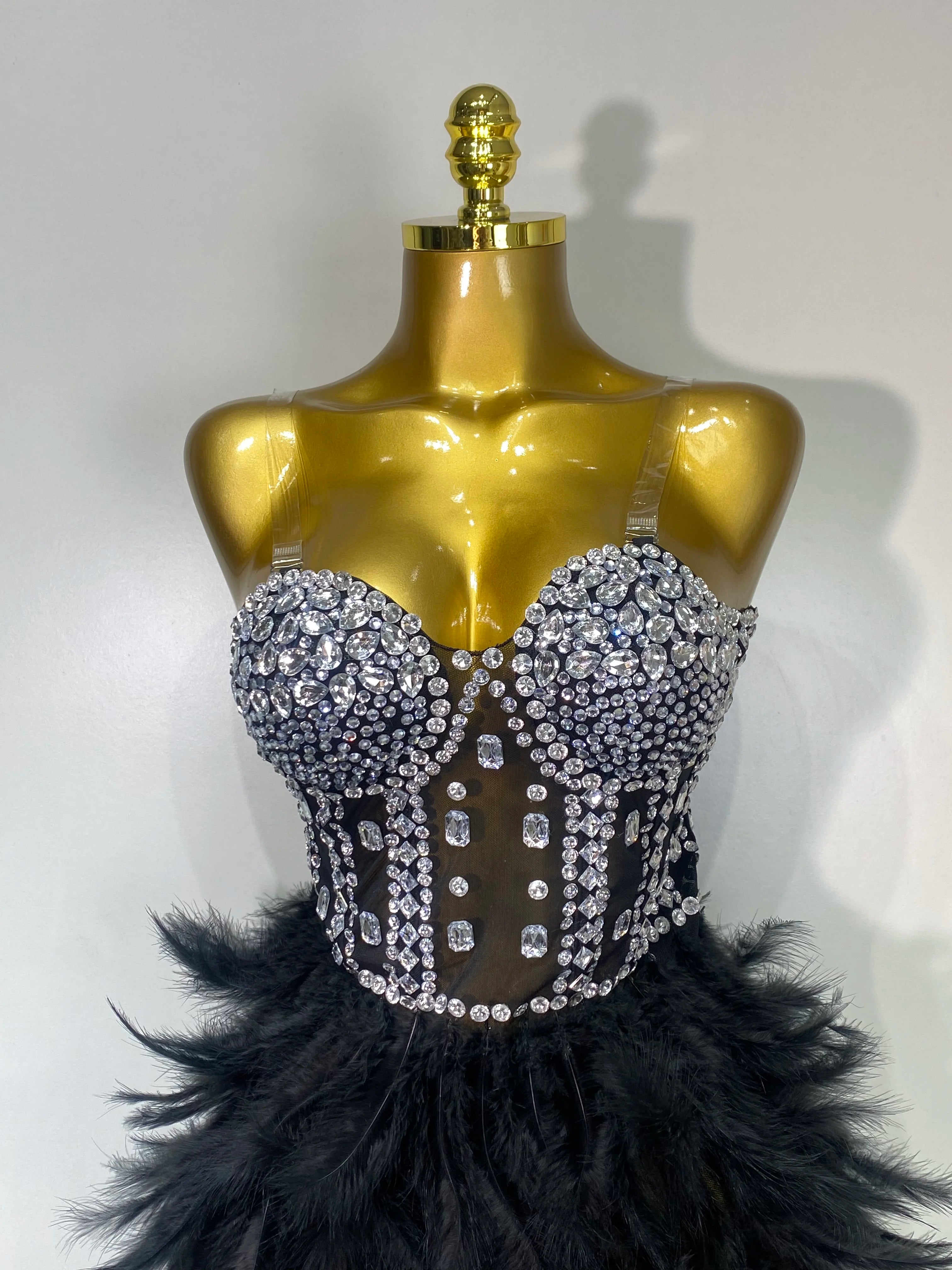 Luxury Birthday Evening Party Long Dress Women Sexy High Slit Backless Gowns Diamonds Feather Patchwork Stage Perform Costume