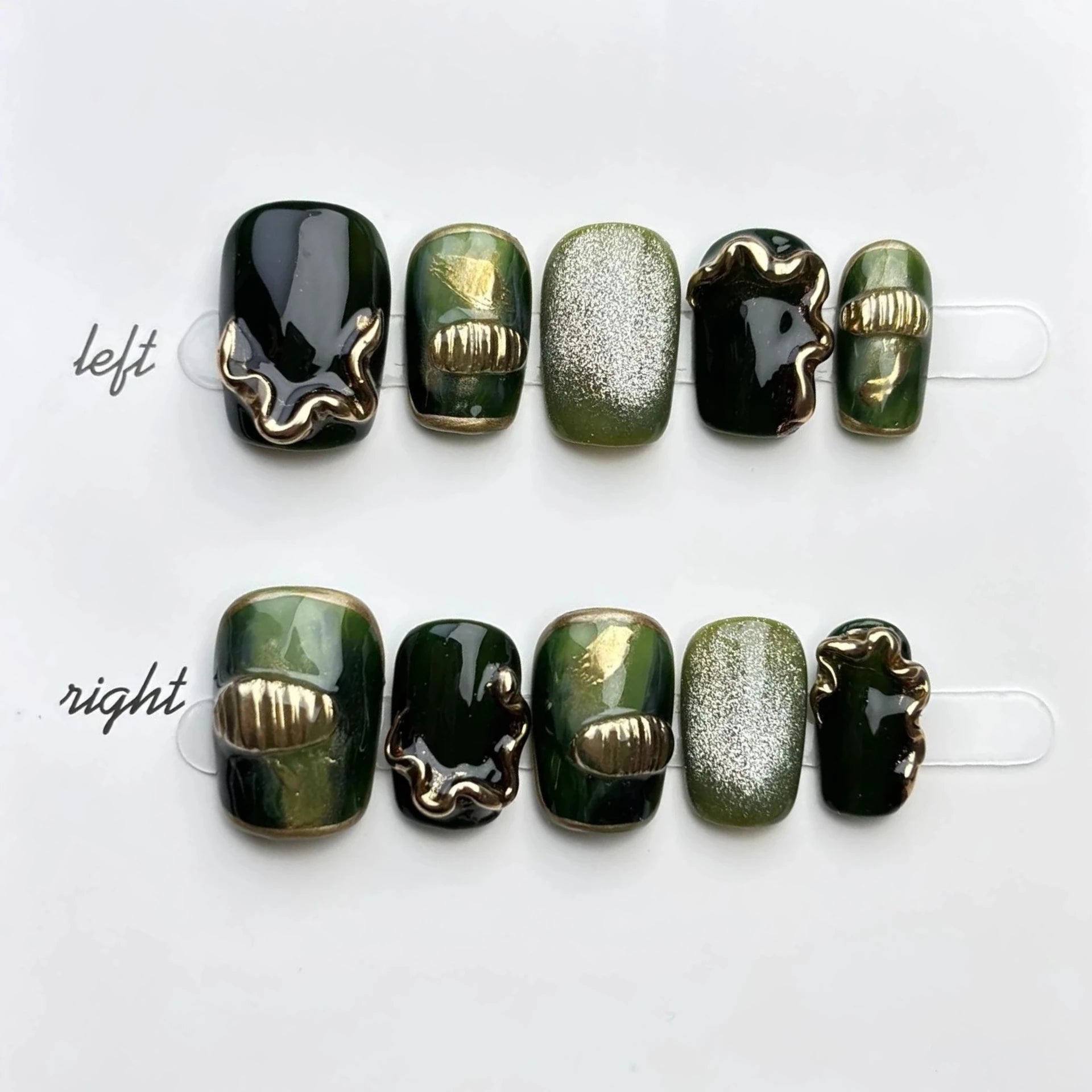 10Pcs Black Green Handmade Manicure French Tips Golden Stripes 3D Irregular Design Cat Eye  Short Square Acrylic Fake Nails Set