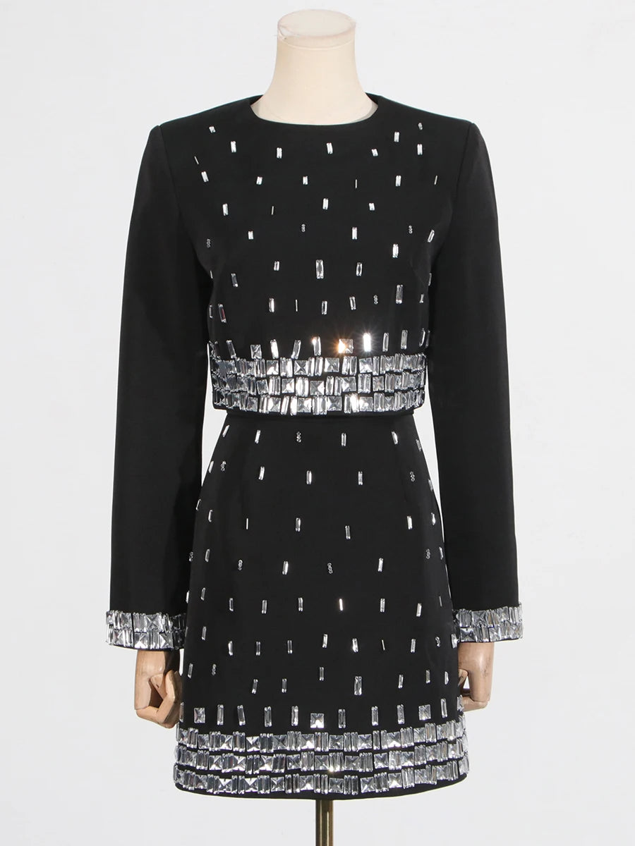 TWOTWINSTYLE Solid Slimming Spliced Bead Two Piece Sets for Women Round Neck Long Sleeves Short Top High Wasit Skirt Set Female