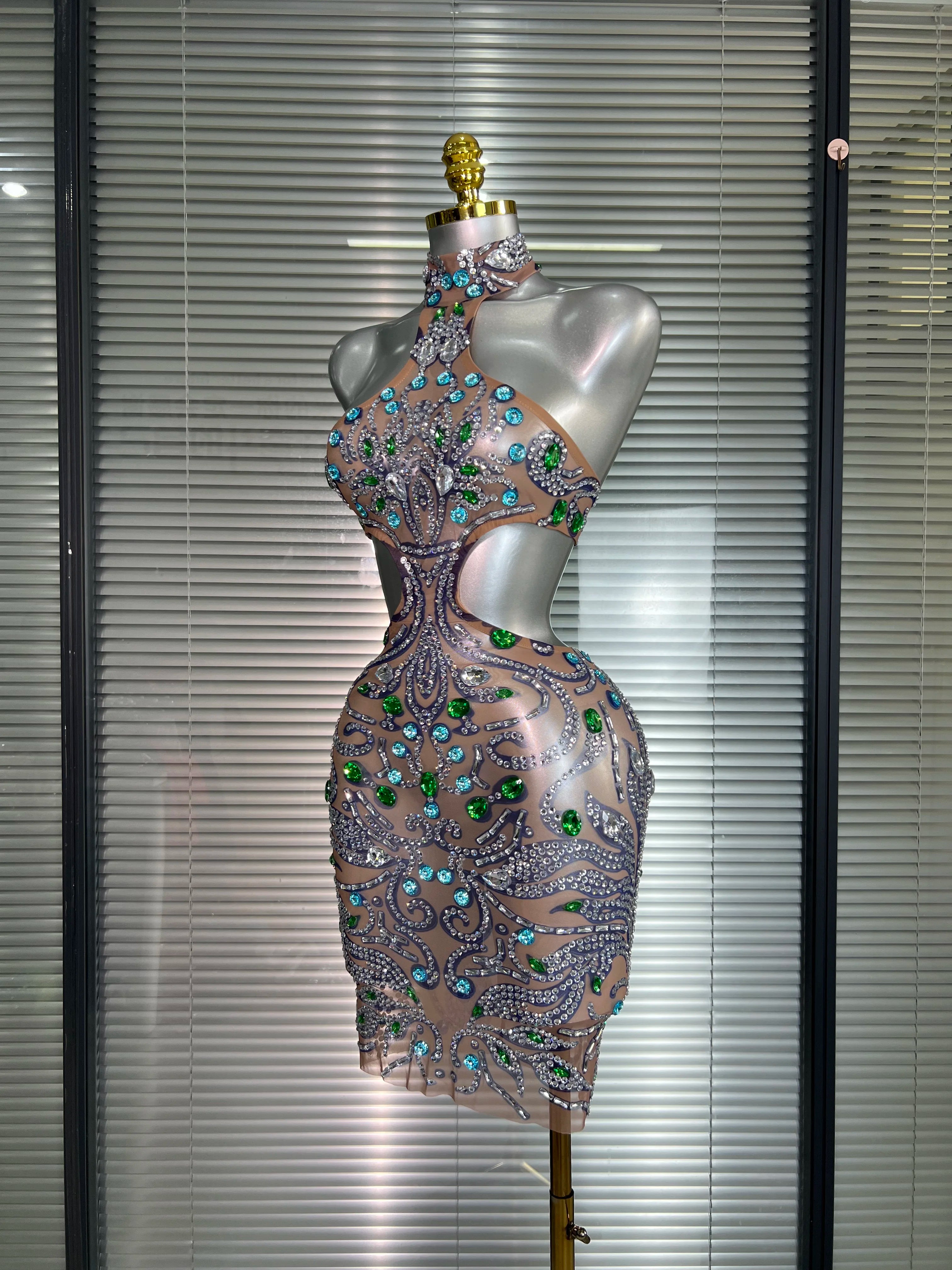 Celebrity New Women Sexy Print Mesh Sheer Crystal Rhinestones Stage Costume Stage Dancer Night Club Mini Party Dress