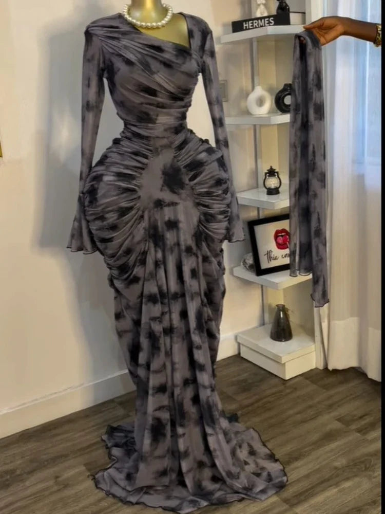 CM.YAYA Women Tie Dye Printed Skew Neck Flare Long Sleeve Ruched Stacked Maxi Long Dress 2025 Summer Birthday Sexy Party Dresses Color04