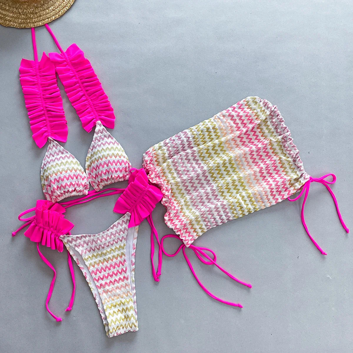 3 Pieces Bikini Women Swimsuit Female Swimwear Sexy Beachwear Swimming Suit Bathing Suit Bikini Set Skirt Zigzag Biquini DC347802