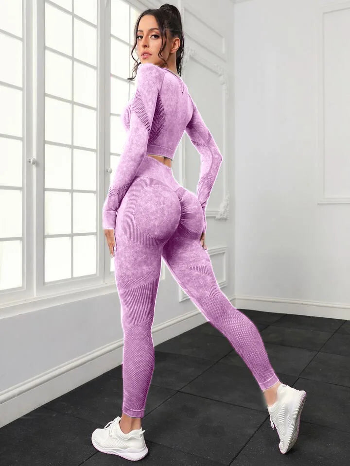 Seamless Yoga Sets Women Workout Sportswear Gym Clothing Long Sleeve Crop Top High Waist Leggings Workout Fitness Sports Suits Pink