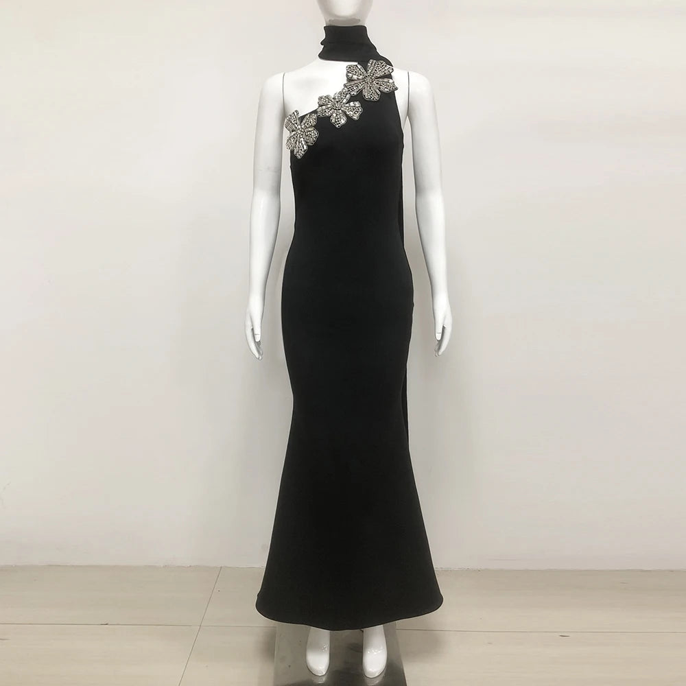 Elegant Solid Diamond Flower Bandage Women Halter Dress Off Shoulder Sleeveless Backless Slim Female Maxi Dresses 2025 Lady Robe