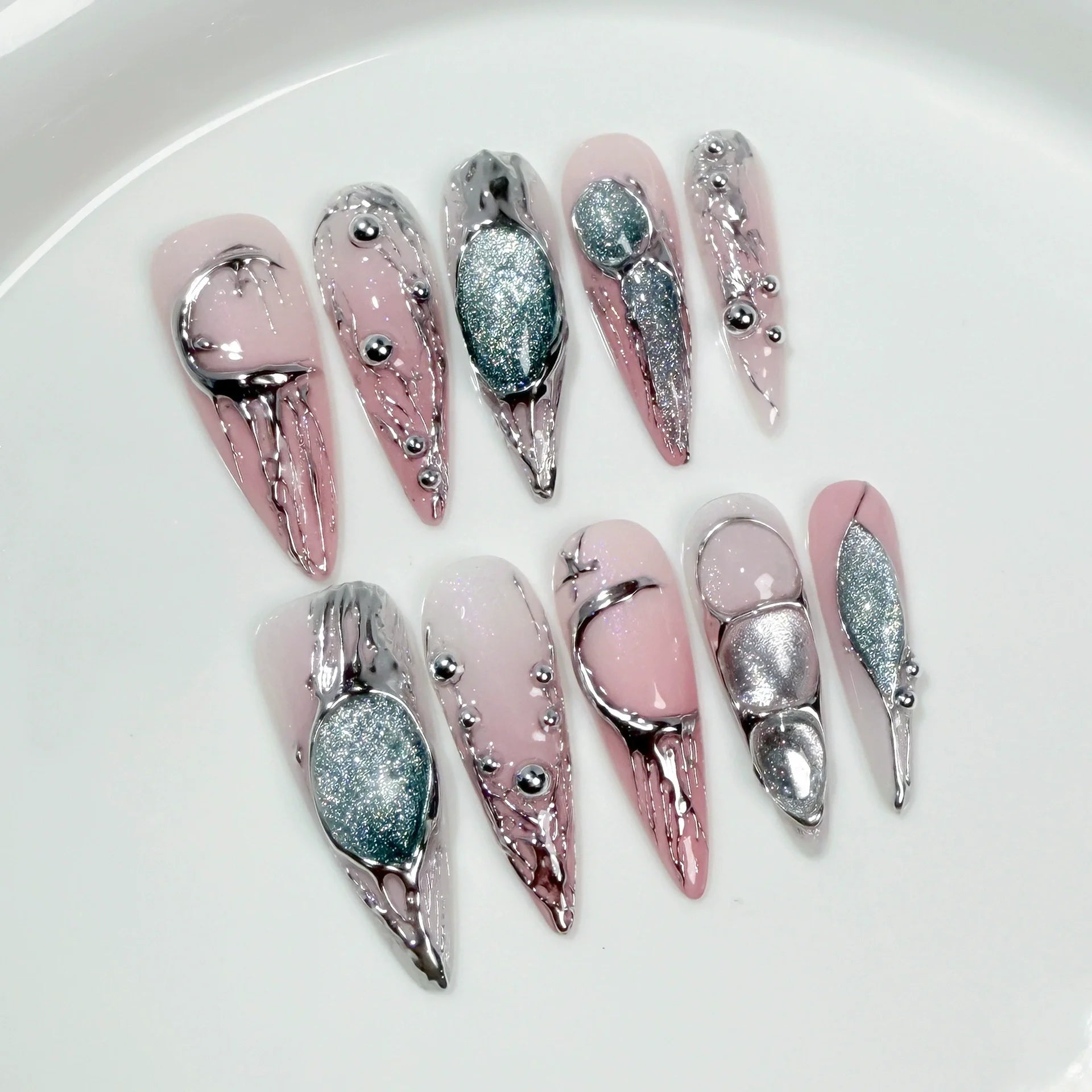 Lot de 10 faux ongles dorés faits main en forme d'amande, avec strass, couverture complète, style français, manucure, nail art
