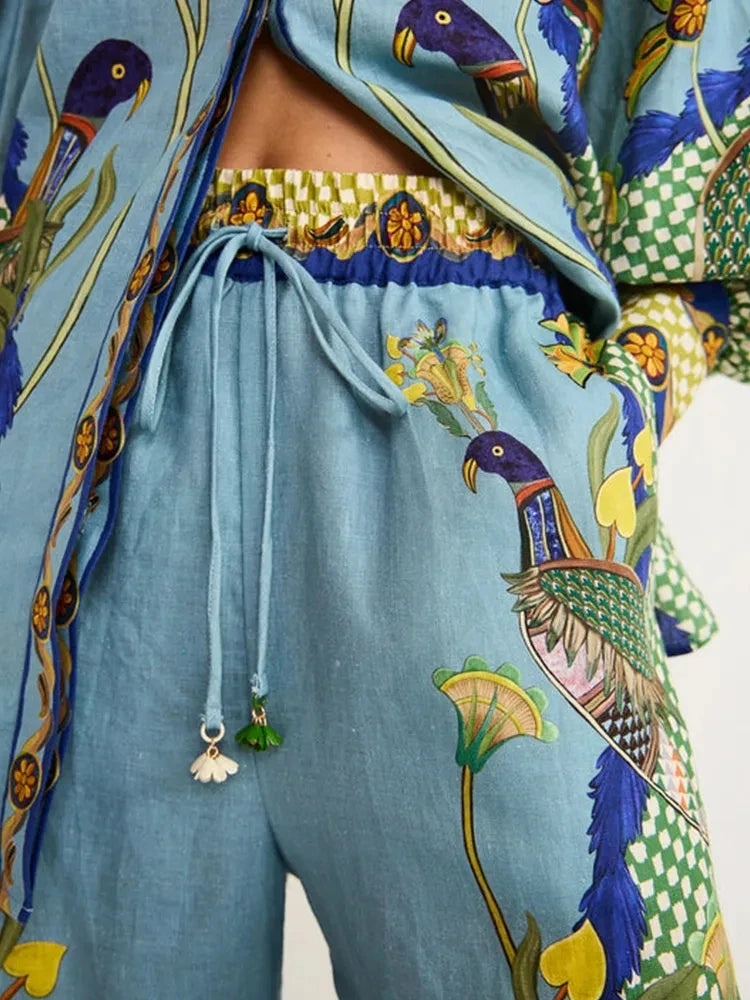 New In Birds Flower Printed Two Piece Set Women Lantern Sleeve Lapel Shirts High Waist Flare Pants Suit For Women Outfits