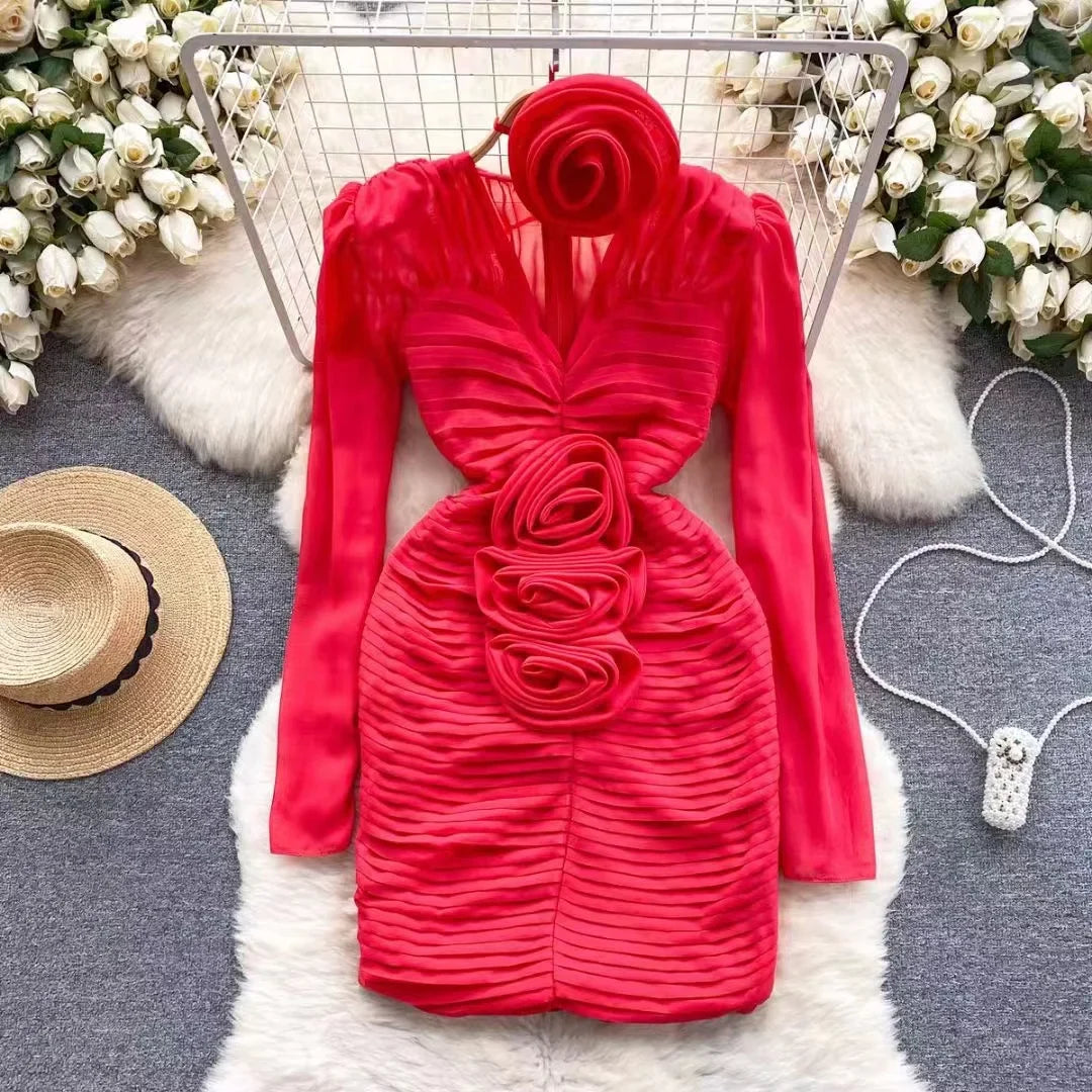 New French Spring 3D Rose Floral Chiffon Pleated Mini Dress Runway Women Sexy V Neck Puff Sleeve Folds Slim Bodycon Party Dress Red