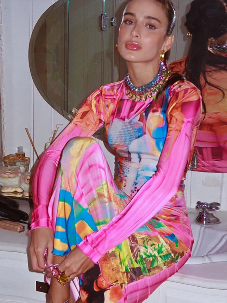 Sunny Multi Color Patchwork Print Long Sleeve Standing Neck Bodycon Dresses Lady Luxury Elegant Carnival Party Club Sexy Dress