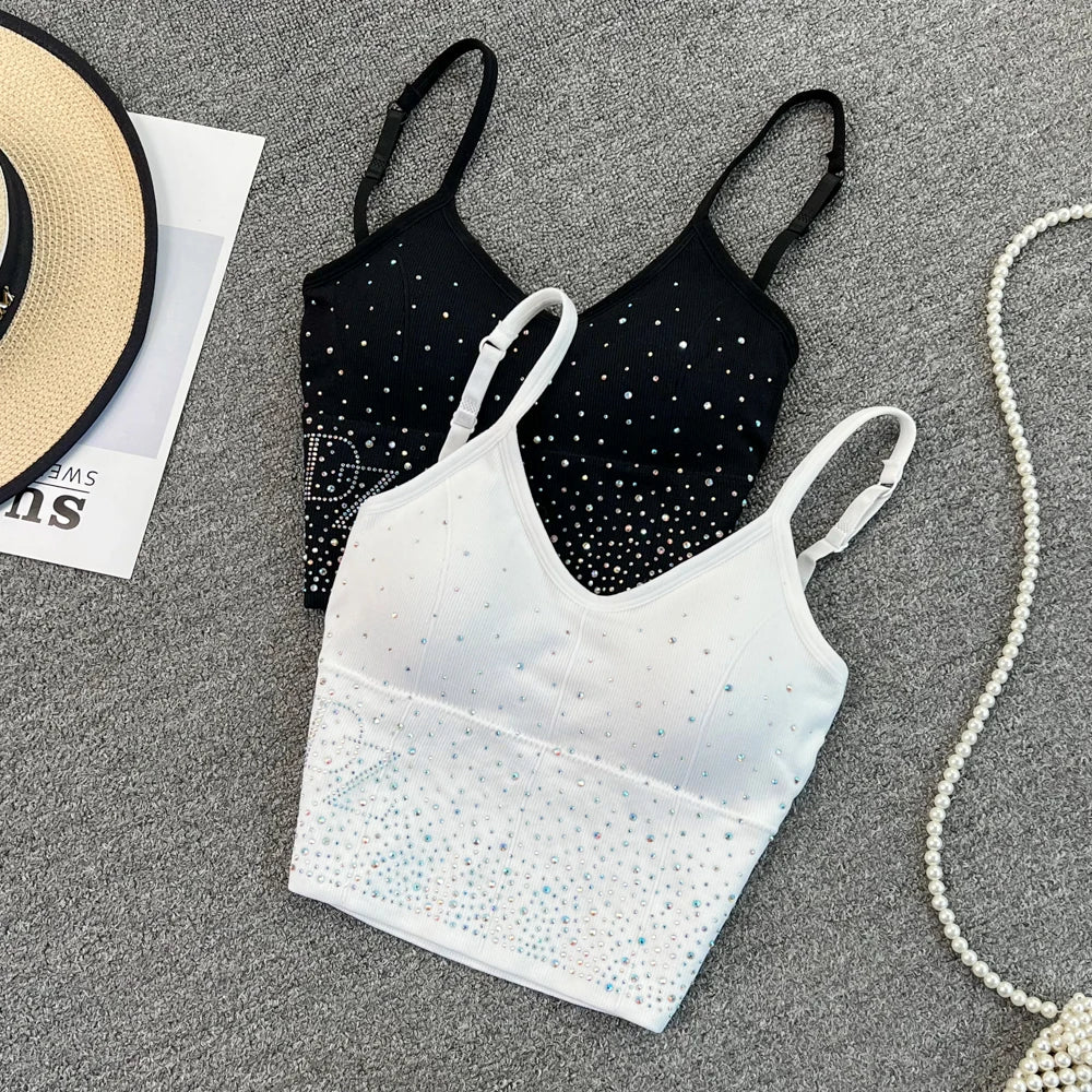 Women's Sexy Diamond Insert Camis Korean Fashion V Neck Letter Tank Tops Sleeveless Backless Off Shoulder With Chest Pad Corset