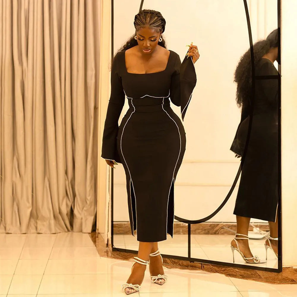 Women Long Sleeve Sexy Square Collar Zipper Bodycon Mid-calf Bandage Dress Celebrate Fashion Evening Party Dress