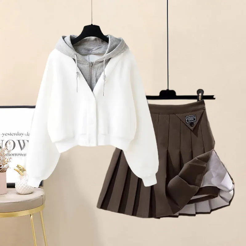 Autumn New Plush and Thick Patchwork Hoodie Jacket Pleated Mini Skirt Two-piece Elegant Women's Skirt Set Outfits 2pcs set 06