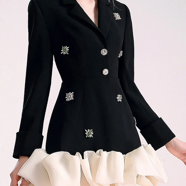 TWOTWINSTYLE Colorblock Patchwork Diamonds Elegant Dresses For Women V Neck Long Sleeve High Waist Spliced Organza Dress Female