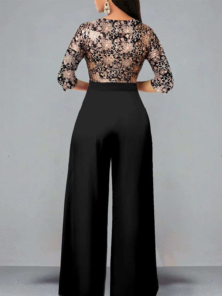 Sets Outifits 2023 Gilded Floral V-neck Loose Fitting Jumpsuit of One Fashion Casual Pieces for Women Elegant Female