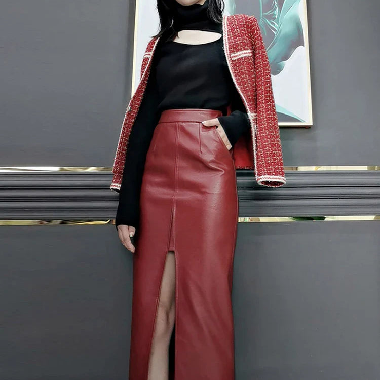 Lautaro Long Soft Faux leather pencil skirt women with front slit pockets High waisted midi skirts for women wine red skirt wine red