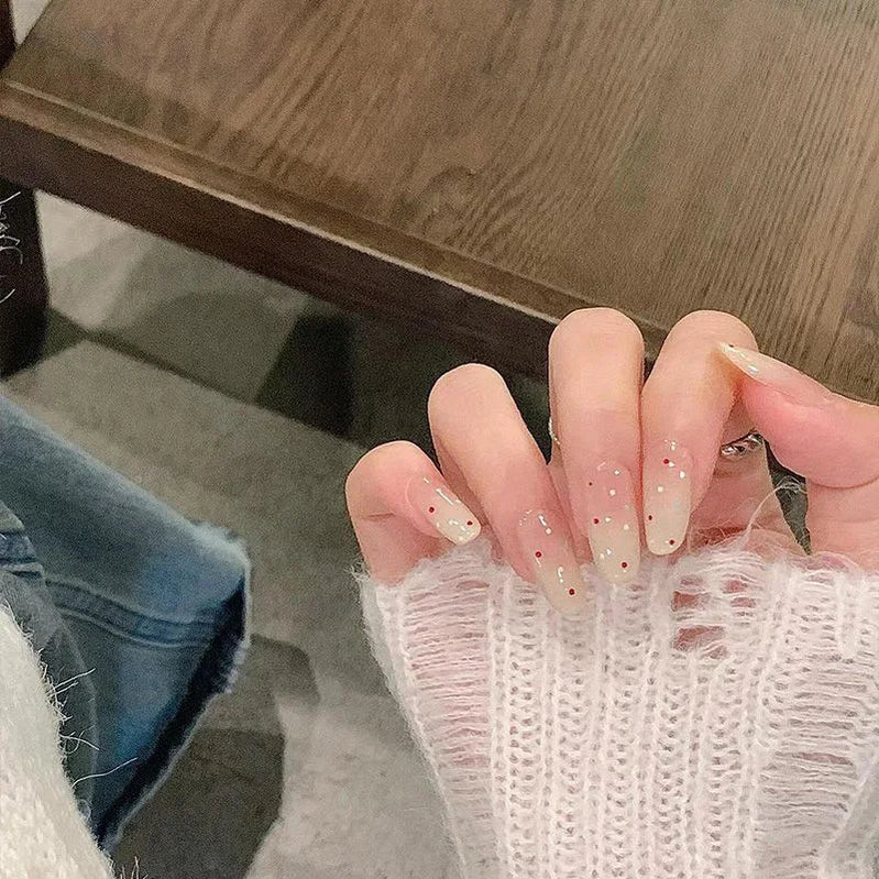 24Pcs White Polka Dot Simple Nails Art French Oval Wearable Fake Nails Stickers Short Almond Press on False Nail with Jelly Glue