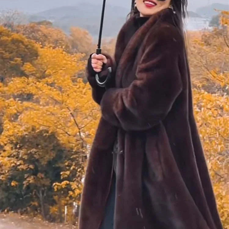 Winter Long Oversized Warm Thick Fluffy Brown Soft Skirted Faux Mink Fur Coat Women Elegant Luxury Furry Overcoat 2024