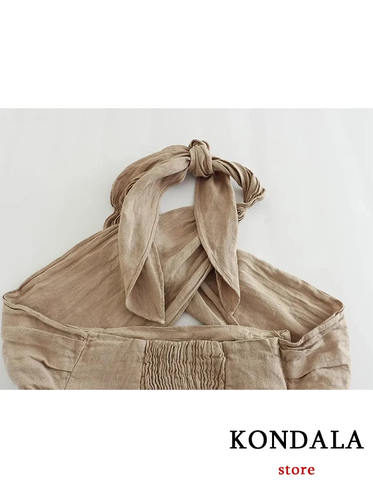 KONDALA Streetwear Khaki Linen Suits Women Sleeveless Halter Sexy Crop Tops Women+High Waist Wide Leg Pants Fashion Sets