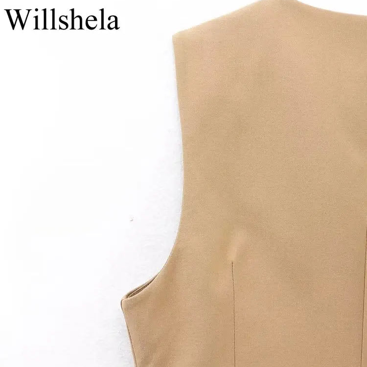 Willshela Women Fashion Khaki Cropped Vest V-Neck Single Breasted Sleeveless Female Chic Lady Outfit Short Top Tank