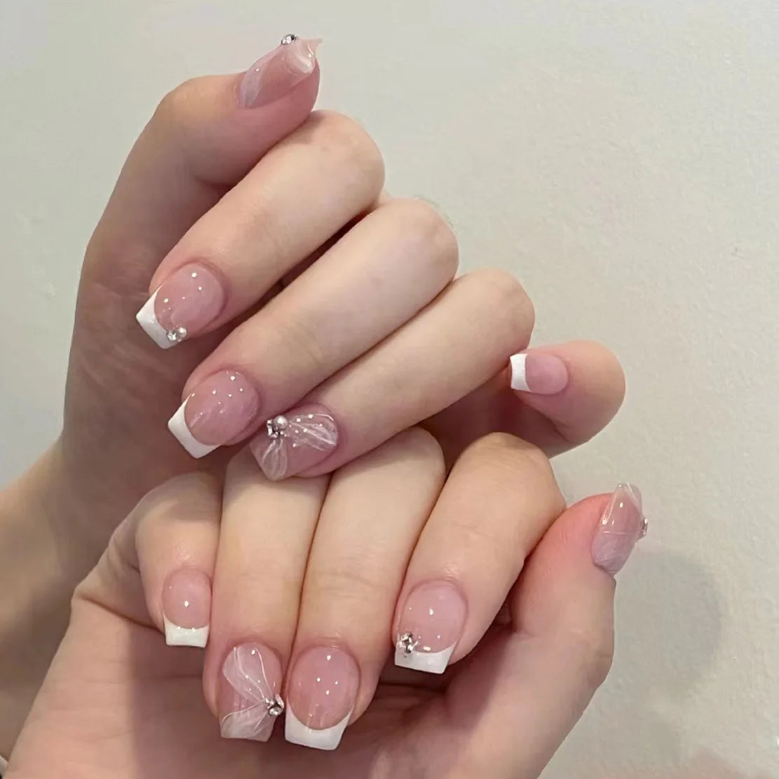 24Pcs Pink False Nails with Glue Ballerina Full Cover Nail Tips Simple Fake Nail with Star Rabbit Design Wearable Press on Nails