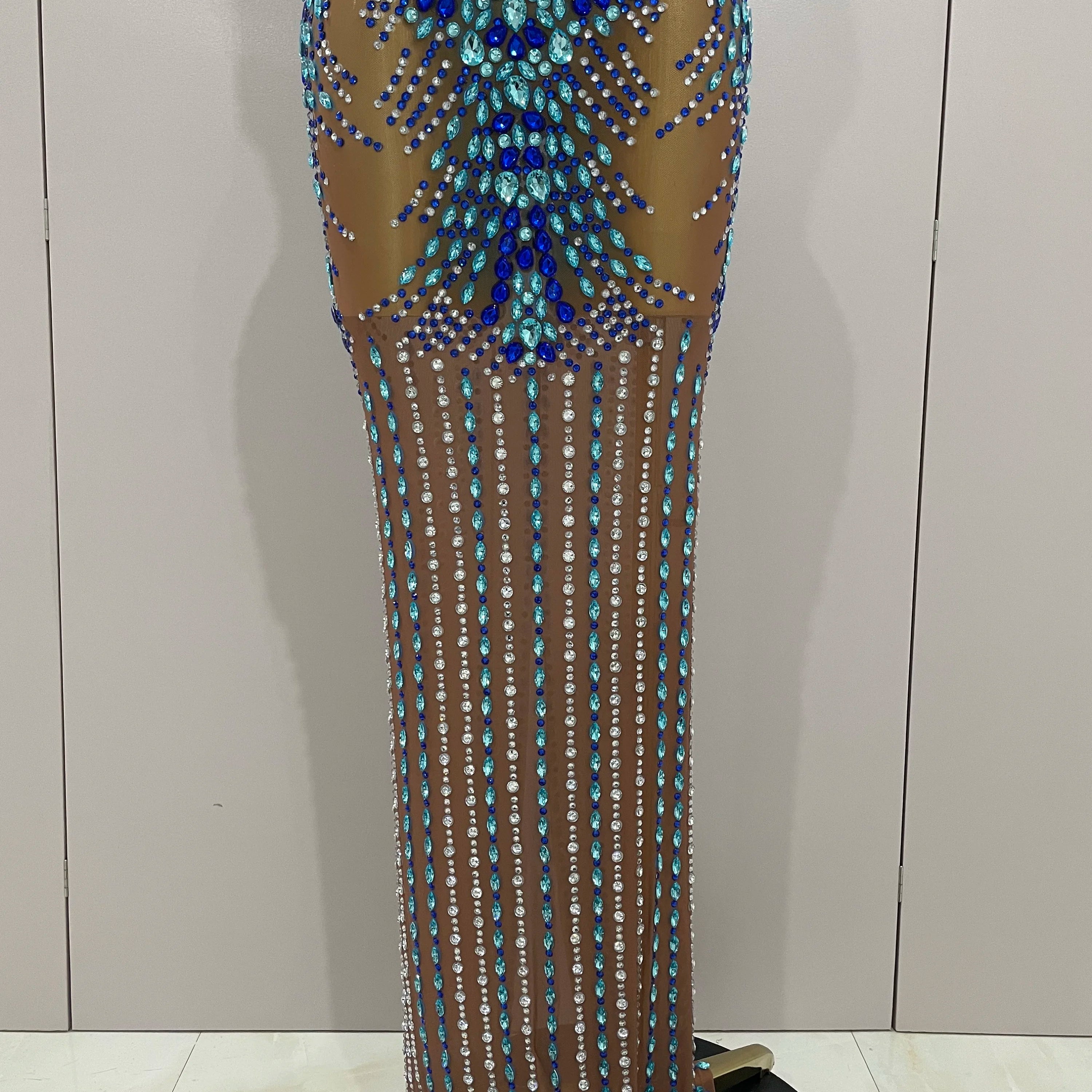 Luxury Sparkly Rhinestones Nude Sexy Mesh Maxi Dress 2025Women Evening Birthday Party Elegant Gown Show Red carpet Stage Costume