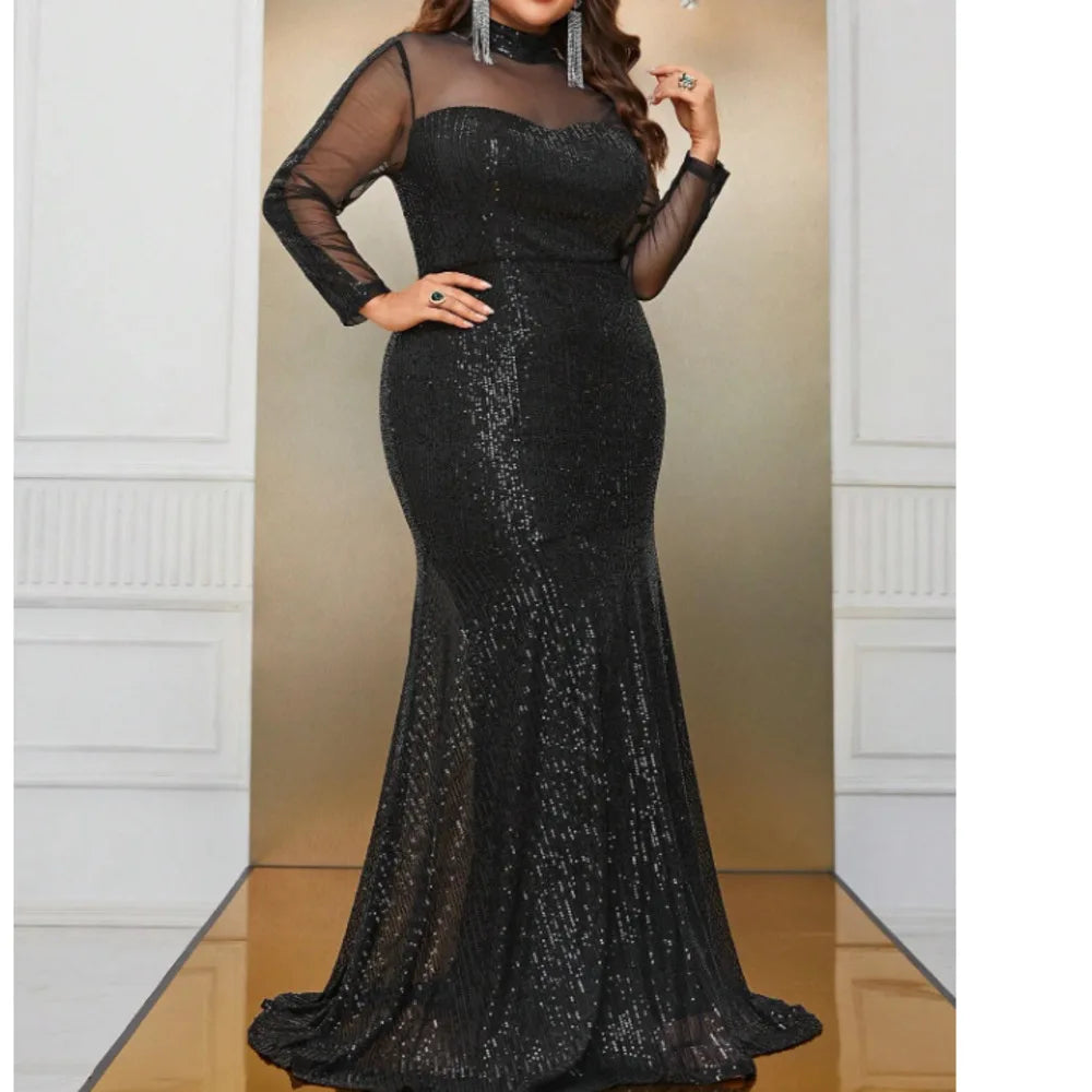 Party Dresses Women Sequins Lace Splicing Black Elegant Evening Dresses Long Sleeve Large Fashion Lady Banquet Dress 2024 New