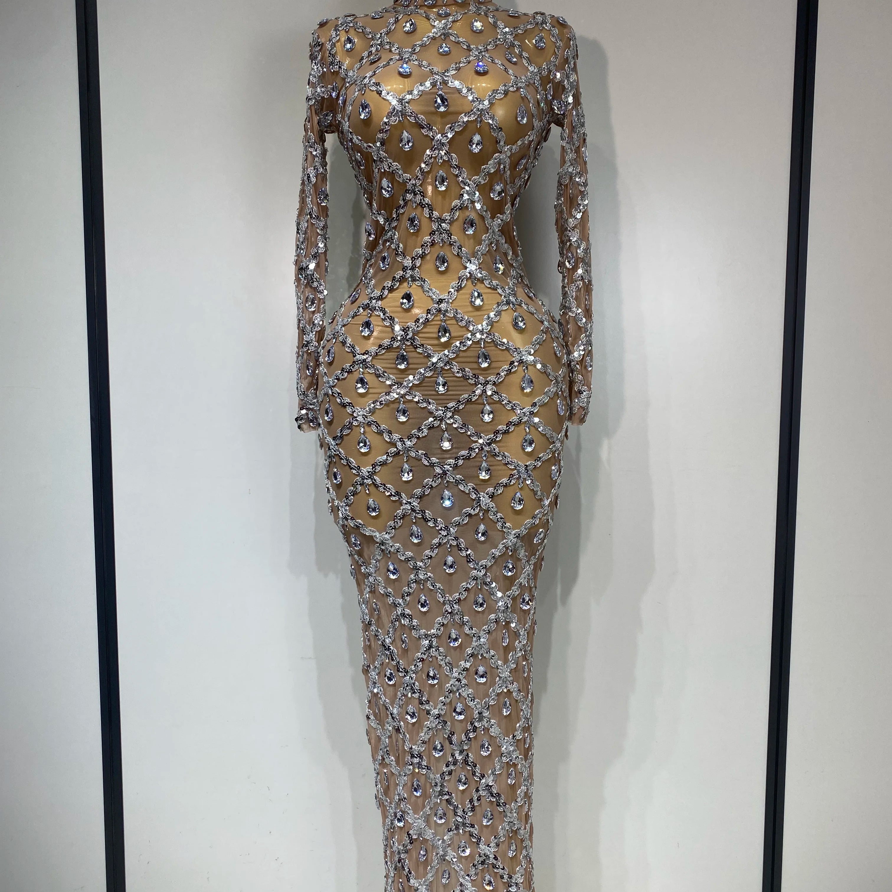 Women Sexy Luxury Birthday Dress Stage Shining Rhinestone Sequin Long Dress Evening Prom Gown Transparent Singer Club Host Dress