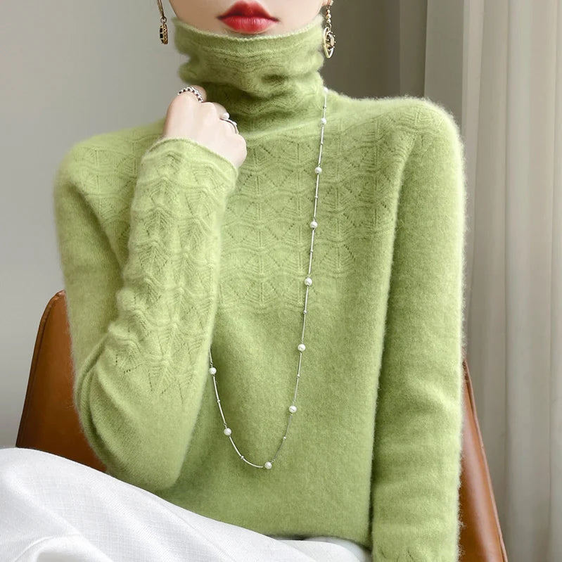 Fashion Cashmere Jumper 100% Merino Wool Pullover Winter High Neck Solid Long Sleeve Women's Seamless Hollow out Knitted Sweater guo green