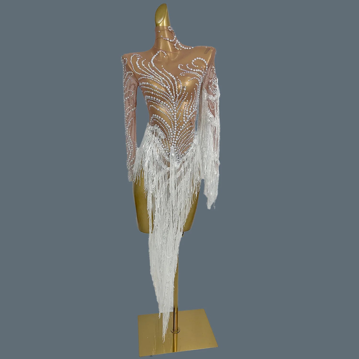 Stunning White Pearls Mini Dresses Club Show Long Sequins Tassel See Through Mesh Dress Birthday Party Dance Event Wear Fumao